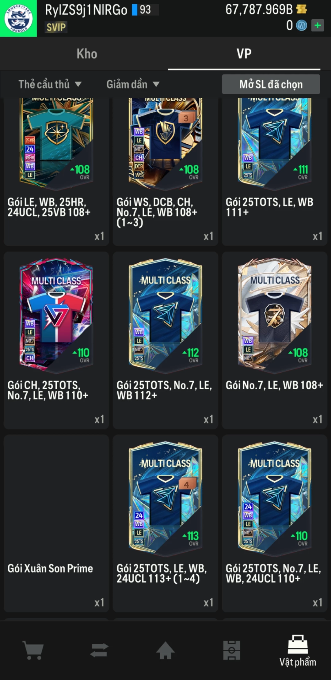 Ảnh ACC mở thẻ (LOẠI SVIP PROMAX) bao gồm 1 gói thẻ +12, thẻ PRIME và 1000+ thẻ cầu thủ từ Siêu sao đến Miền núi các loại. Có sẵn BP trắng trong acc từ 57.000 tỷ BP đến 67.000 tỷ BP, kèm theo nhiều ngày SVIP